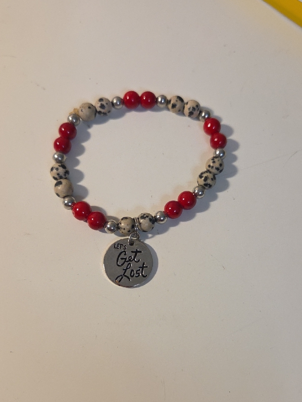 Beaded 'Let's Get Lost' Charm Bracelet - Red & Dalmatian Jasper Handmake